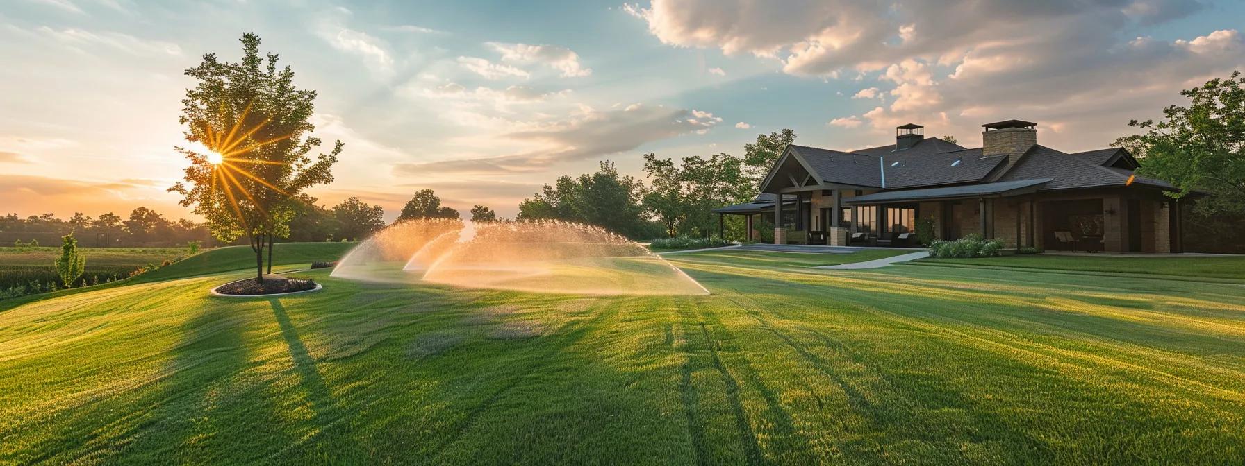 a sleek, modern home stands proudly with a sophisticated smart sprinkler system in action, evenly distributing water on the vibrant, meticulously manicured lawn, showcasing the innovation and efficiency of contemporary irrigation solutions.