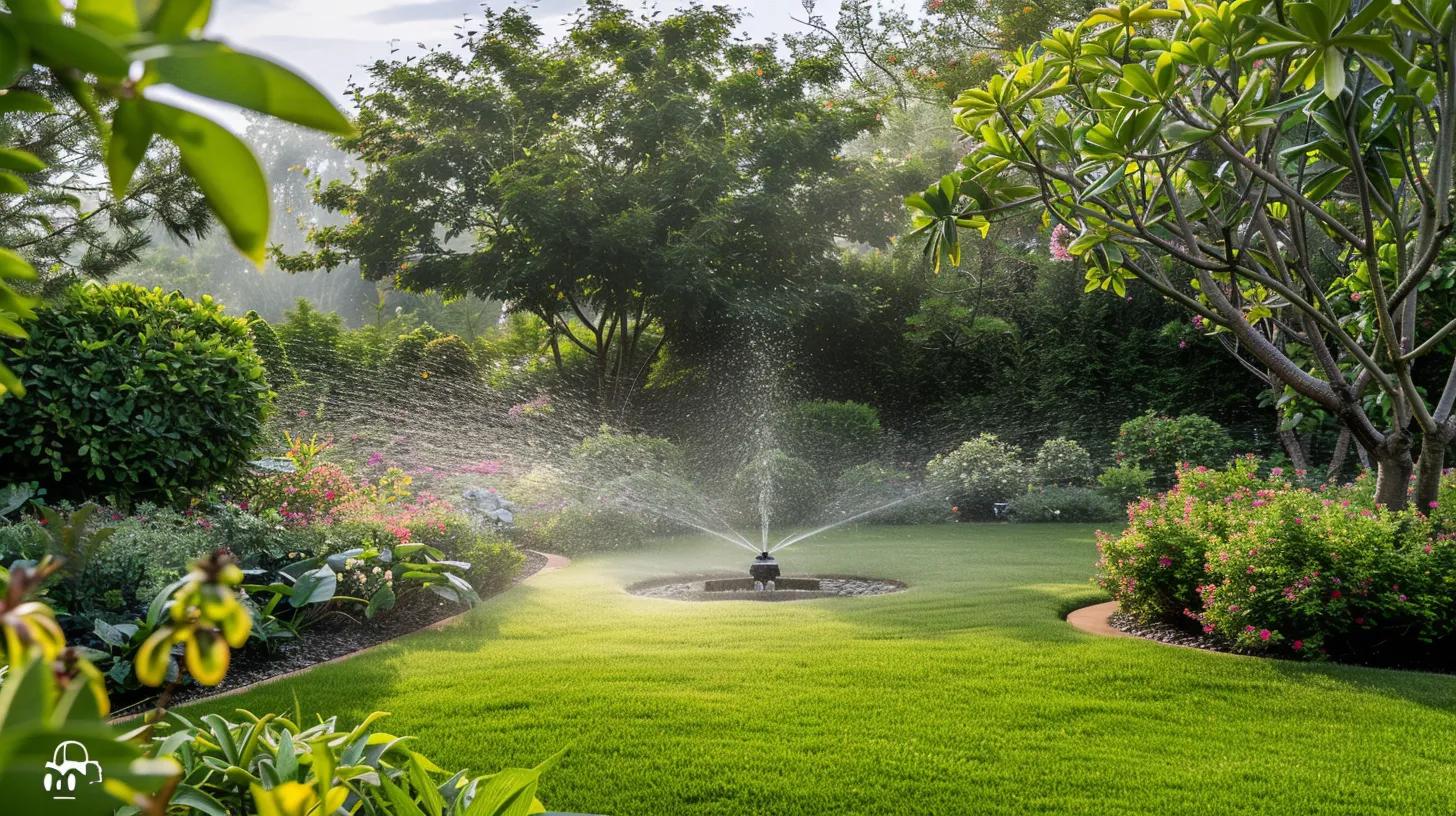 beautiful garden with a sprinkler system
