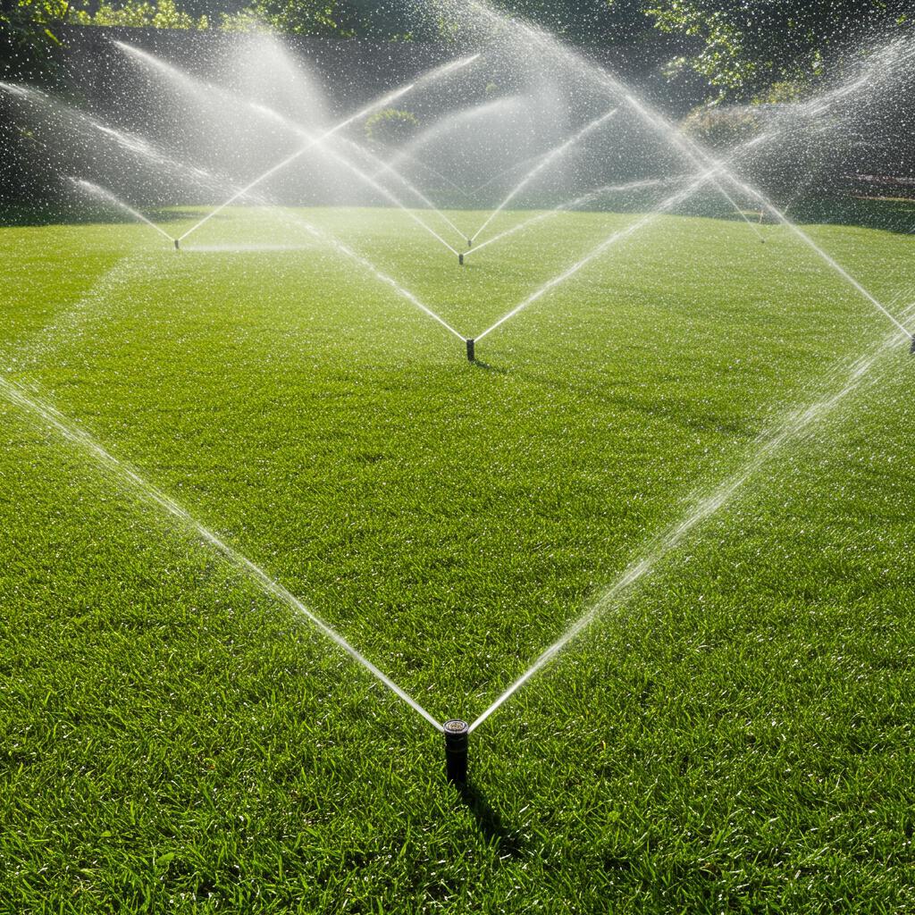 ### Main Subjects - **Sprinklers**: Multiple sprinkler heads positioned in a geometric pattern.  ### Objects - **Grass**: Lush, green lawn covering the ground. - **Water**: Streams of water spraying from the sprinklers.  ### Notable Features - **Arrangement**: Sprinklers are set in a diamond-like formation. - **Sunlight**: Bright sunlight creating a sparkling effect on the water droplets.  ### Overall Mood/Theme The image conveys a refreshing and vibrant atmosphere, highlighting the beauty of a well-maintained lawn. The interplay of sunlight and water creates a lively and invigorating scene, suggesting themes of growth and vitality.