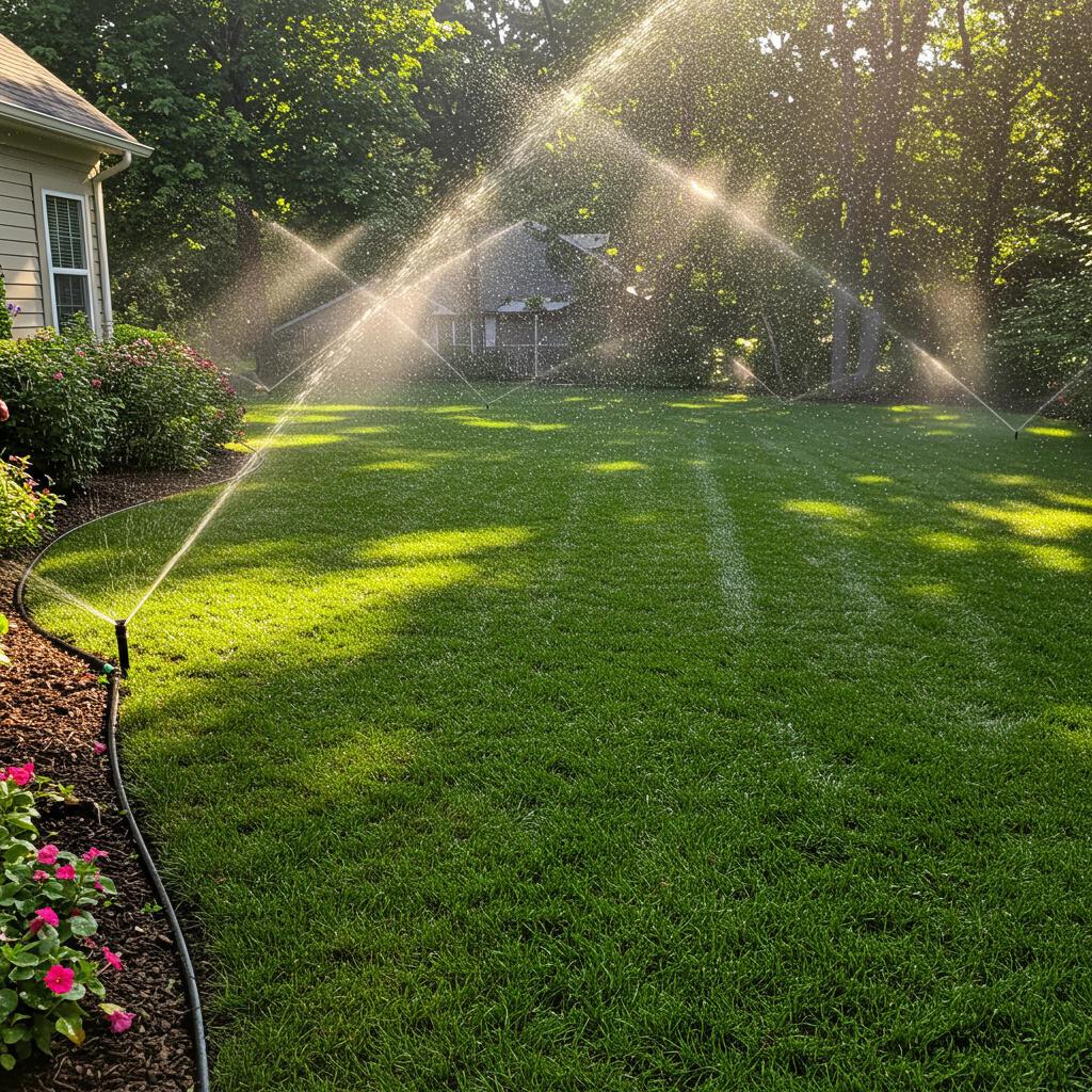 ### Key Elements  - **Main Subjects**: Lawn, sprinkler system - **Objects**: Grass, garden, flowers, house - **Notable Features**: Water spray from sprinklers, sunlight creating a shimmering effect - **Text/Symbols**: None present  ### Overall Mood/Theme The image conveys a peaceful and refreshing atmosphere, highlighting the beauty of a well-maintained lawn. The sunlight filtering through the water creates a serene and vibrant environment, suggesting themes of growth and tranquility in a garden setting.