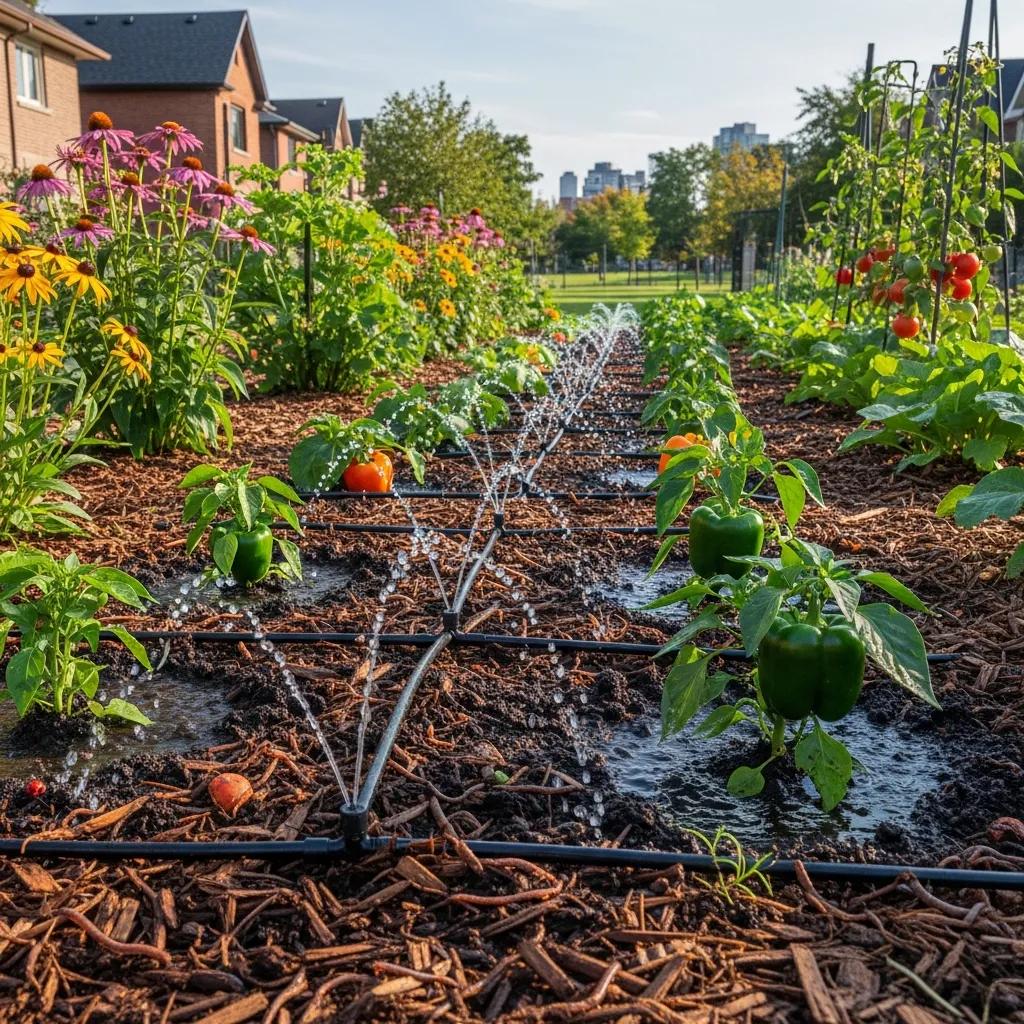 Modern drip irrigation system in use, optimizing water use for a thriving Toronto garden