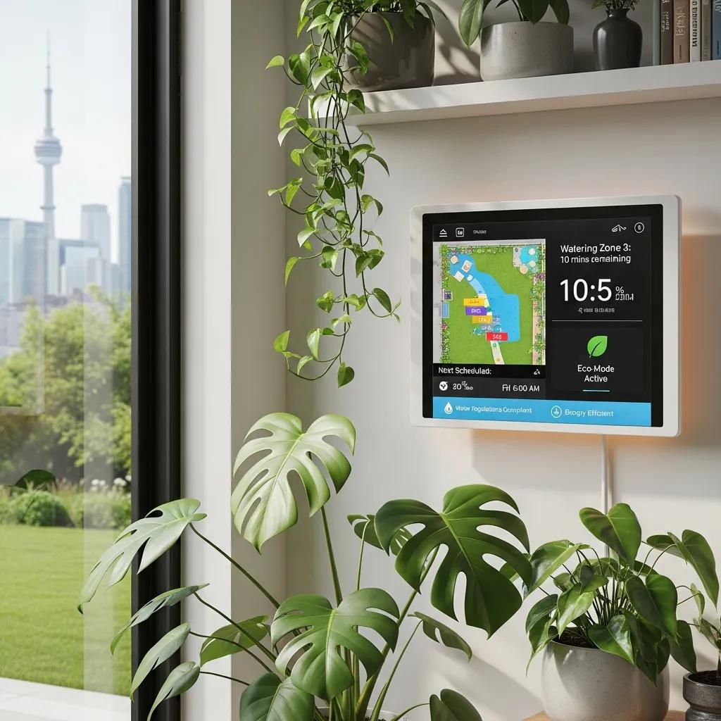 Smart irrigation control panel in a Toronto home, illustrating advanced technology for water efficiency in lawn care