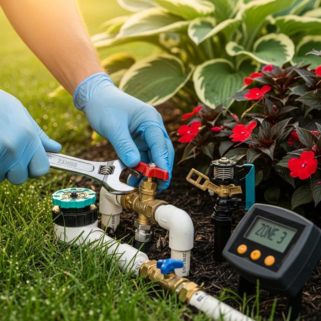 Technician inspecting critical sprinkler system components in a Toronto garden, highlighting maintenance procedures